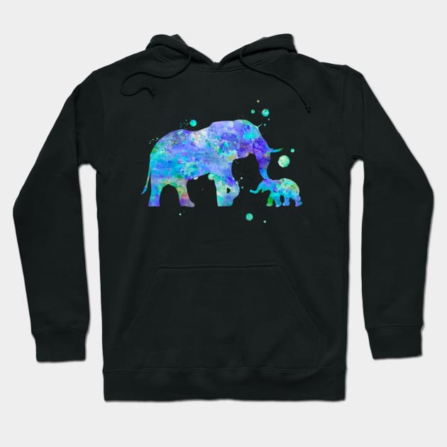 Blue Mom and Baby Elephant Watercolor Painting Hoodie by Miao Miao Design